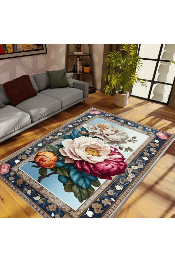 Renkli Çiçekler Güllü Desenli Dokuma Şönil Kilim Halı Yıkanabilir Salon Oturma Odası Mutfak Halısı
