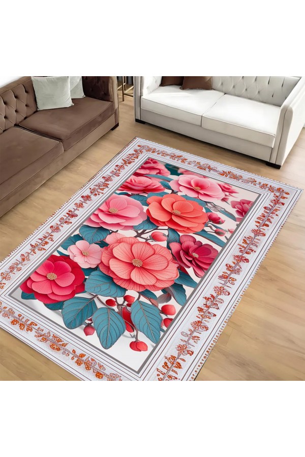 Renkli Çiçek Desenli Dokuma Şönil Kilim Halı Yıkanabilir Salon Oturma Odası Mutfak Halısı