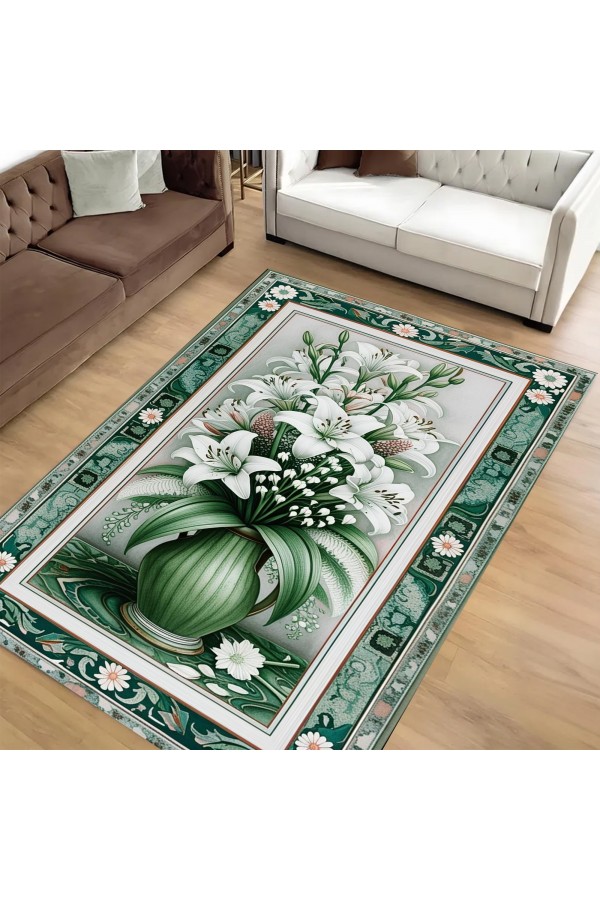 Yeşil Çiçek Desenli Dokuma Şönil Kilim Halı Yıkanabilir Salon Oturma Odası Mutfak Halısı