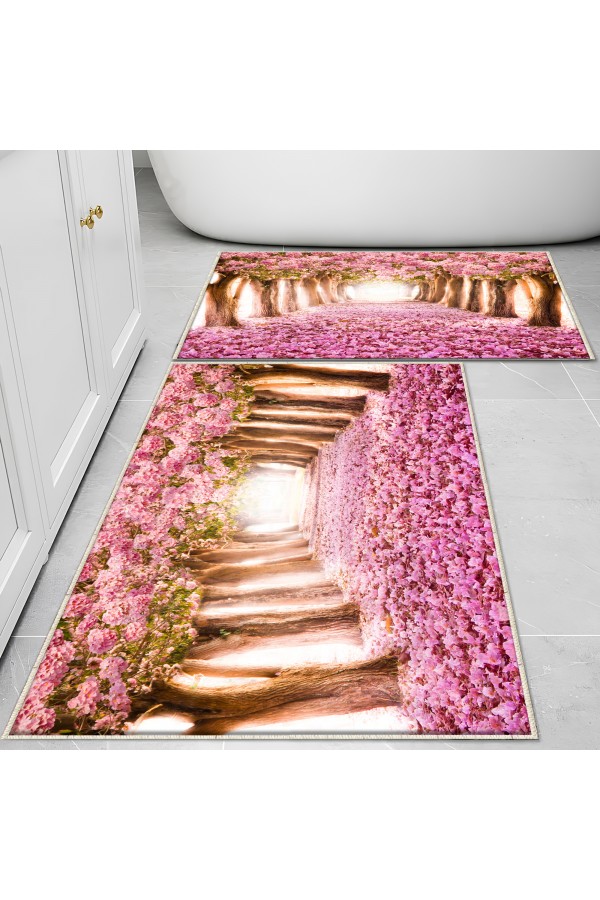 Pembe Ağaçlar Aşk Yolu Desenli 2 li Klozet Takımı Banyo Paspas Halısı Kaymaz Yıkanabilir Pembe Ağaçlar Aşk Yolu Desenli 2 li Klozet Takımı Banyo Paspas Halısı Kaymaz Yıkanabilir