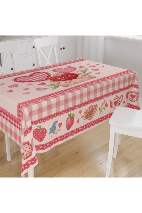 Pembe Kalpli Çiçekli Desenli Dijital Baskı Süet Kumaş Mutfak Masa Örtüsü Pembe Kalpli Çiçekli Desenli Dijital Baskı Süet Kumaş Mutfak Masa Örtüsü