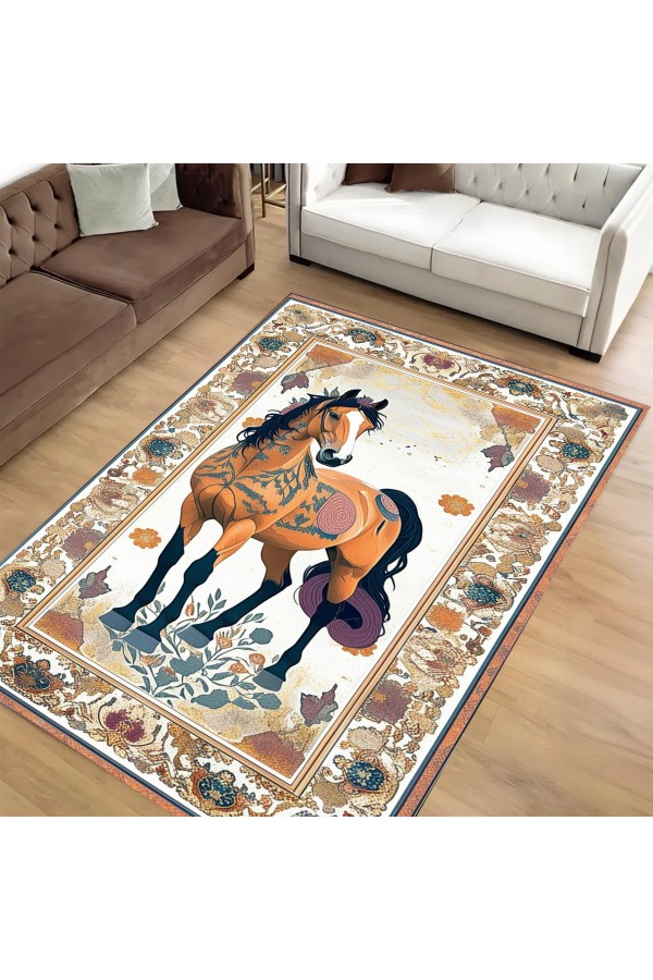 Sevimli At Desenli Dokuma Şönil Kilim Halı Yıkanabilir Salon Oturma Odası Mutfak Halısı