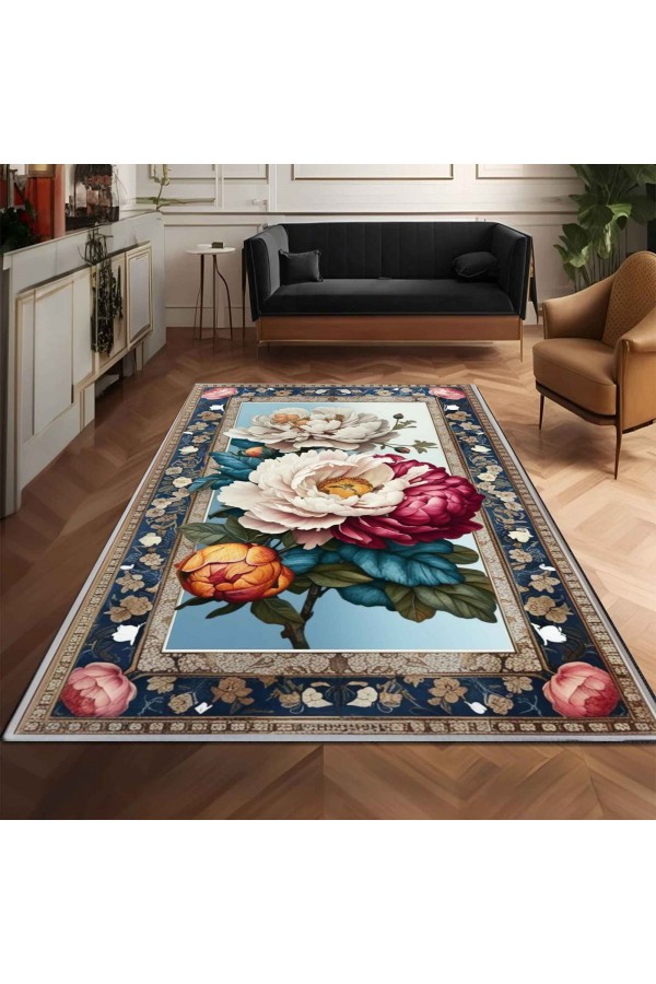 Renkli Çiçekler Güllü Desenli Dokuma Şönil Kilim Halı Yıkanabilir Salon Oturma Odası Mutfak Halısı