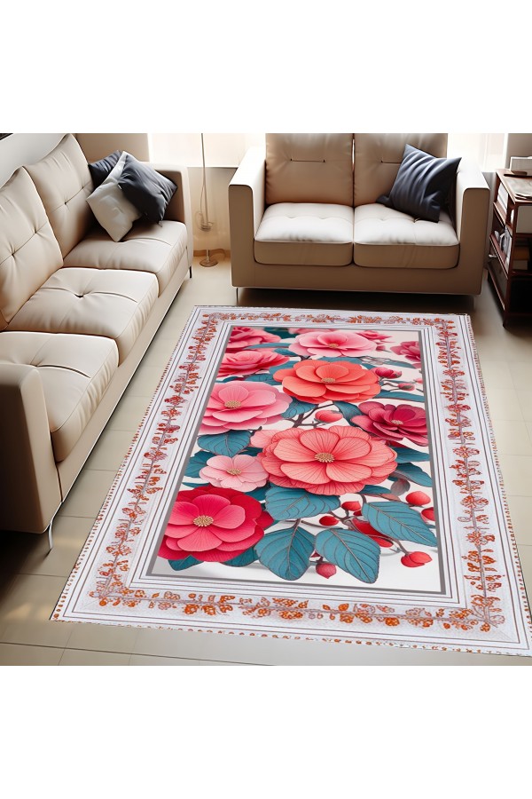 Renkli Çiçek Desenli Dokuma Şönil Kilim Halı Yıkanabilir Salon Oturma Odası Mutfak Halısı