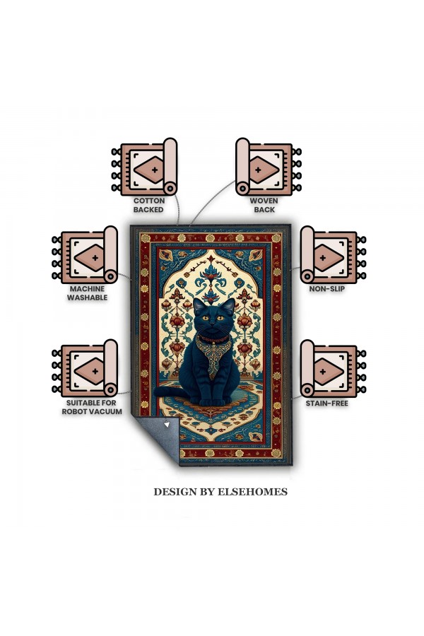 Gotik Kedi Desenli Dokuma Şönil Kilim Halı Yıkanabilir Salon Oturma Odası Mutfak Halısı