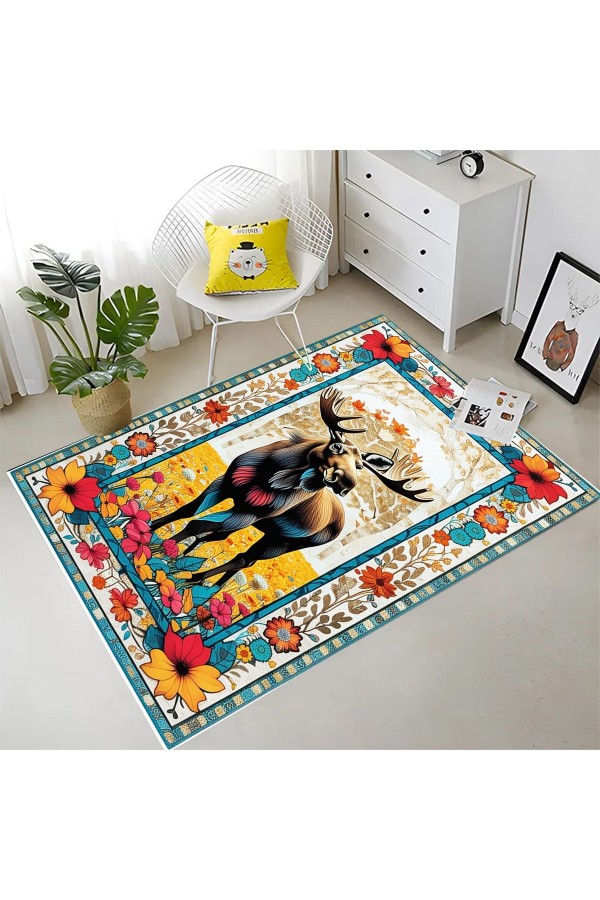 Retro Geyik Desenli Dokuma Şönil Kilim Halı Yıkanabilir Salon Oturma Odası Mutfak Halısı