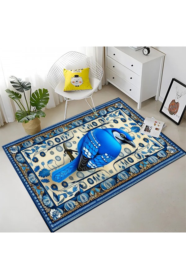 Mavi Kuş Desenli Dokuma Şönil Kilim Halı Yıkanabilir Salon Oturma Odası Mutfak Halısı