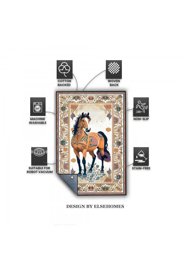 Sevimli At Desenli Dokuma Şönil Kilim Halı Yıkanabilir Salon Oturma Odası Mutfak Halısı