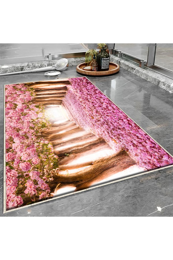 Pembe Ağaçlar Aşk Yolu Desenli Tekli Banyo Paspas Halısı Kaymaz Yıkanabilir