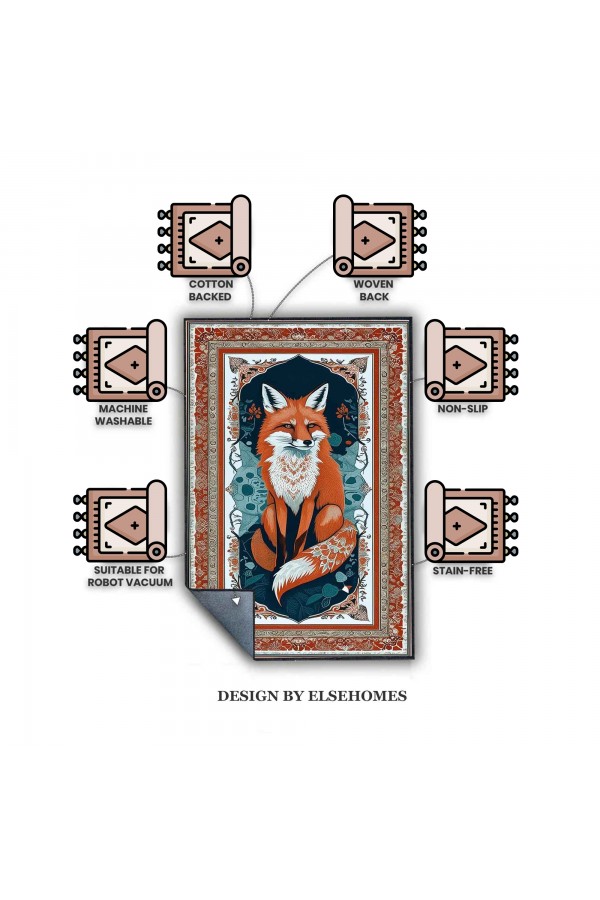 Turuncu Tilki Desenli Dokuma Şönil Kilim Halı Yıkanabilir Salon Oturma Odası Mutfak Halısı