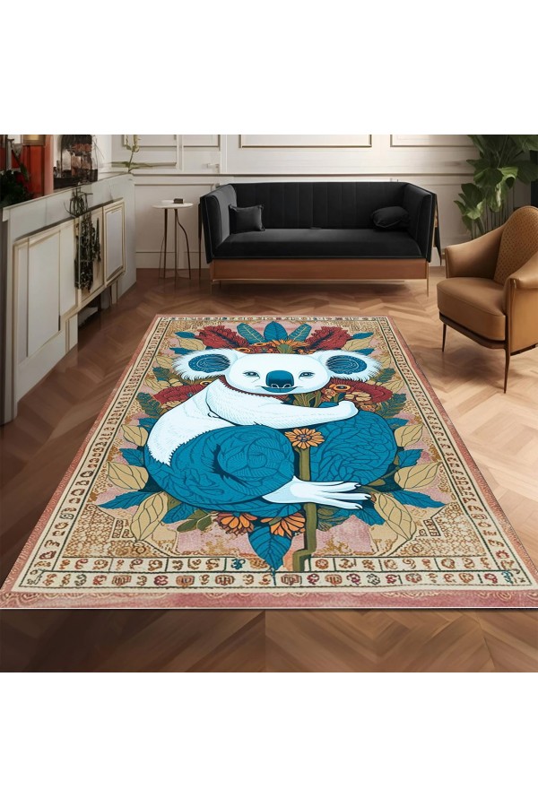 Retro Koala Desenli Dokuma Şönil Kilim Halı Yıkanabilir Salon Oturma Odası Mutfak Halısı