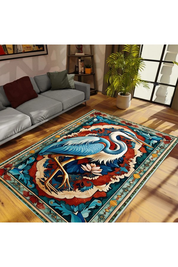 Mavi Leylek Desenli Dokuma Şönil Kilim Halı Yıkanabilir Salon Oturma Odası Mutfak Halısı