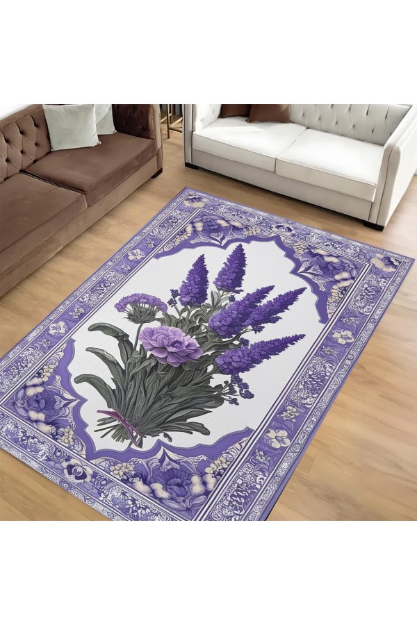 Mor Lavanta Desenli Dokuma Şönil Kilim Halı Yıkanabilir Salon Oturma Odası Mutfak Halısı
