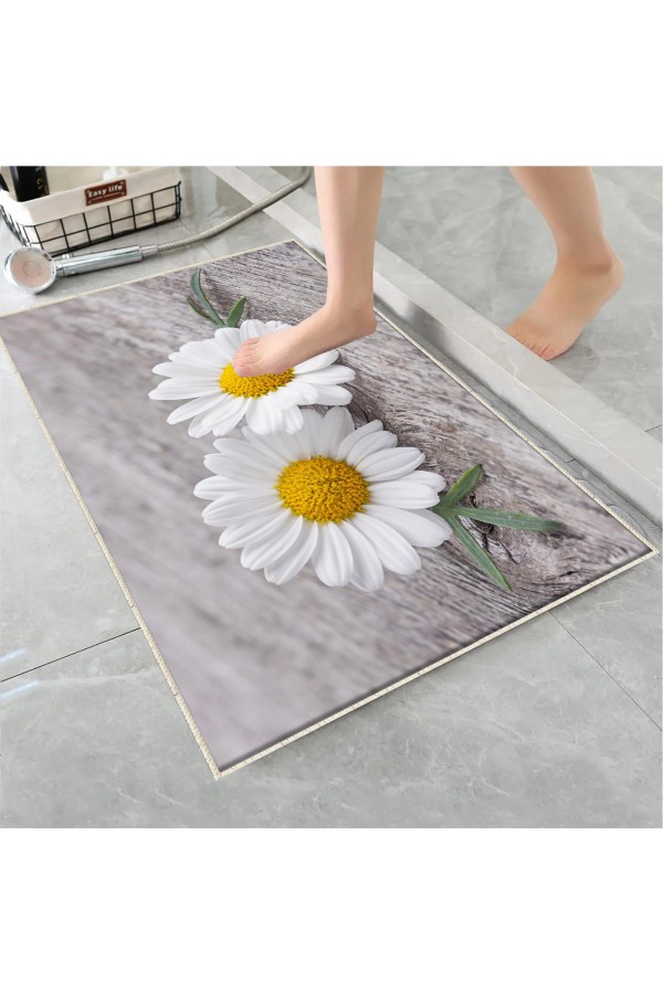 Gri Sarı Papatya Desenli Tekli Banyo Paspas Halısı Kaymaz Yıkanabilir