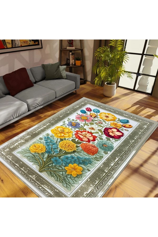 Renkli Çiçek Desenli Dokuma Şönil Kilim Halı Yıkanabilir Salon Oturma Odası Mutfak Halısı