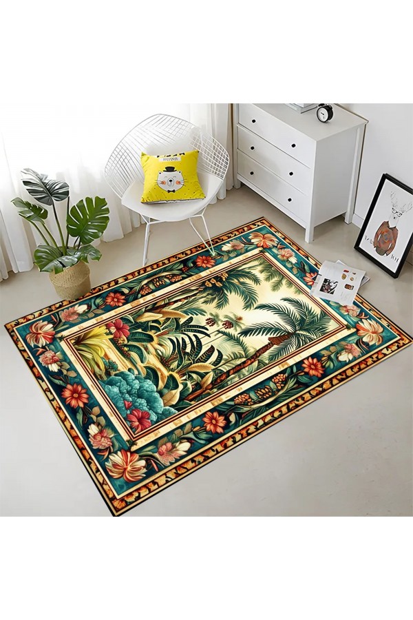 Renkli Tropik Orman Desenli Dokuma Şönil Kilim Halı Yıkanabilir Salon Oturma Odası Mutfak Halısı
