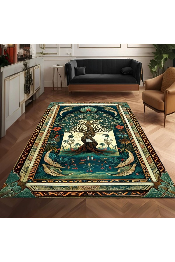 Yaşam Ağacı Desenli Dokuma Şönil Kilim Halı Yıkanabilir Salon Oturma Odası Mutfak Halısı