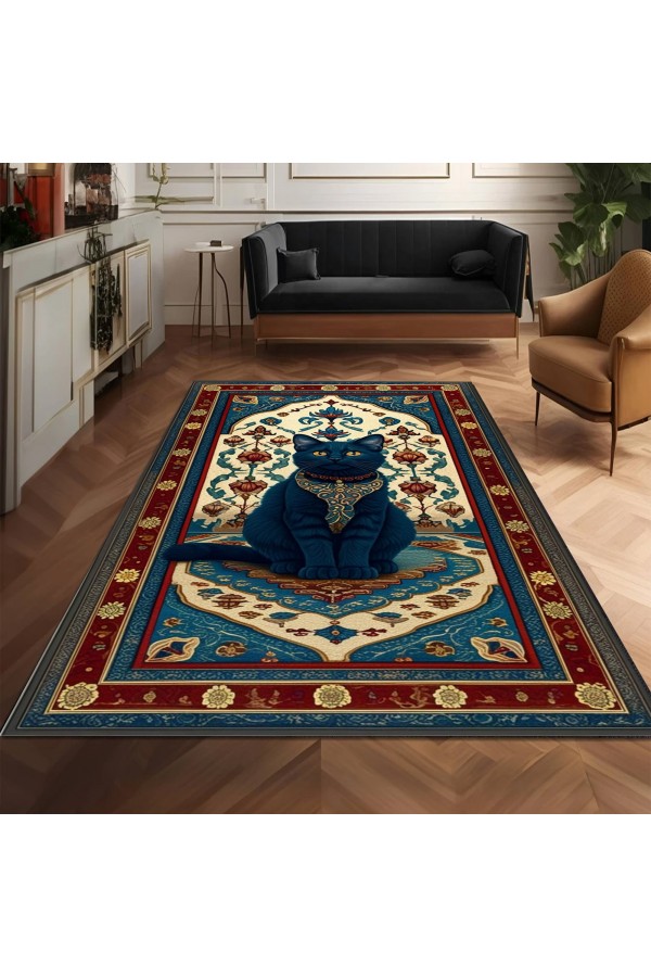 Gotik Kedi Desenli Dokuma Şönil Kilim Halı Yıkanabilir Salon Oturma Odası Mutfak Halısı