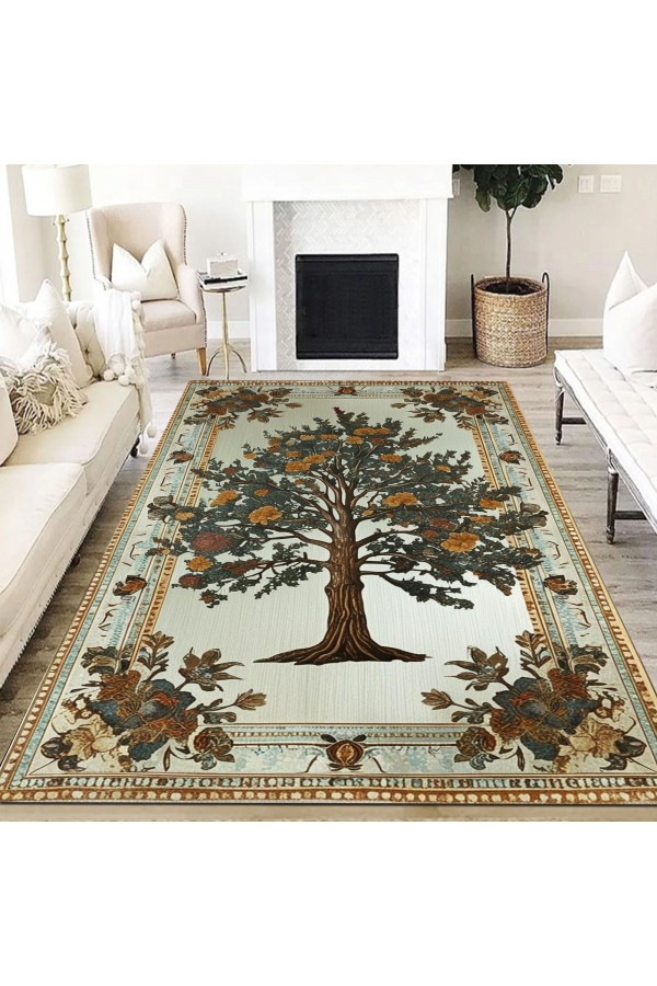 Retro Ağaç Desenli Dokuma Şönil Kilim Halı Yıkanabilir Salon Oturma Odası Mutfak Halısı
