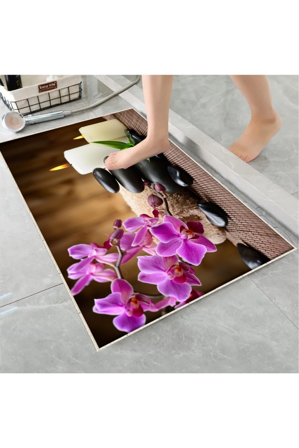 Mumlu Spa Çiçek Desenli Tekli Banyo Paspas Halısı Kaymaz Yıkanabilir