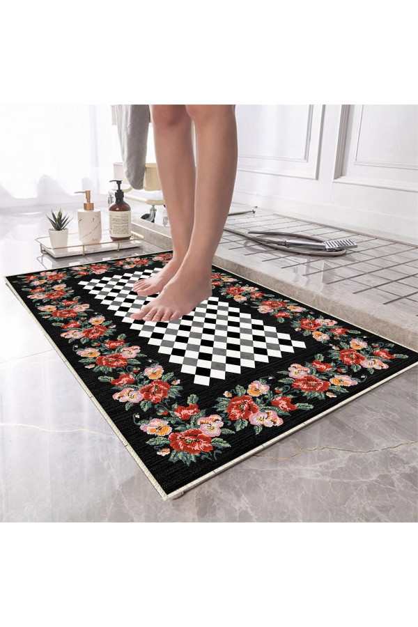 Retro Çiçekler Desenli Tekli Banyo Paspas Halısı Kaymaz Yıkanabilir
