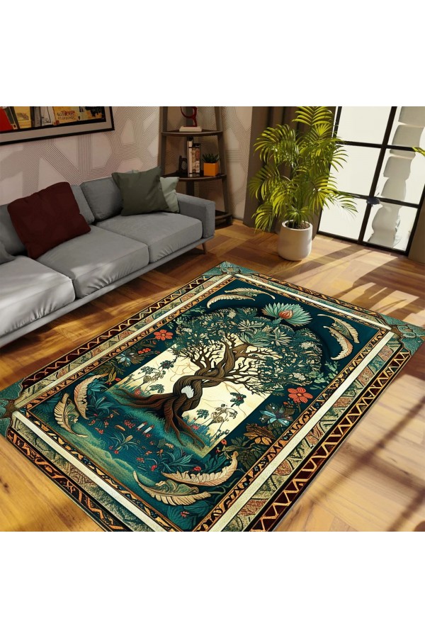 Yaşam Ağacı Desenli Dokuma Şönil Kilim Halı Yıkanabilir Salon Oturma Odası Mutfak Halısı