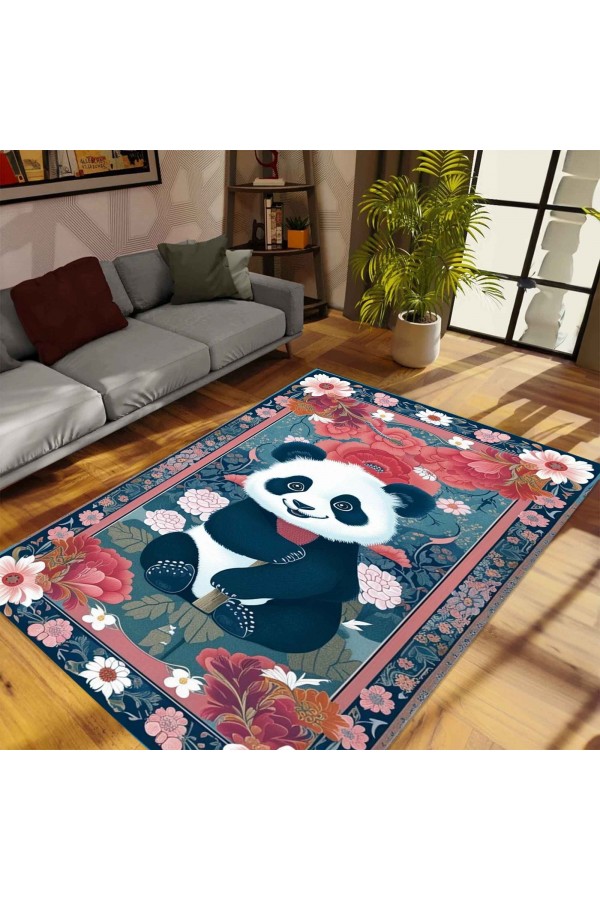 Renkli Panda Desenli Dokuma Şönil Kilim Halı Yıkanabilir Salon Oturma Odası Mutfak Halısı