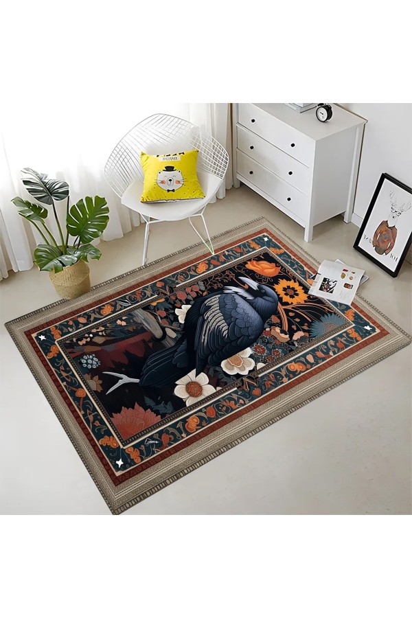 Gotik Kuzgun Karga Desenli Dokuma Şönil Kilim Halı Yıkanabilir Salon Oturma Odası Mutfak Halısı