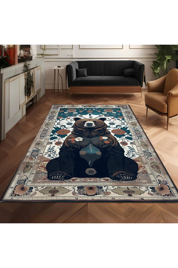 Ayı Avcı Temalı Desenli Dokuma Şönil Kilim Halı Yıkanabilir Salon Oturma Odası Mutfak Halısı