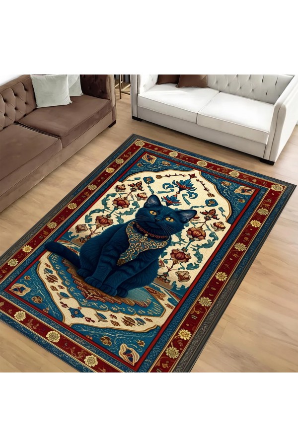 Gotik Kedi Desenli Dokuma Şönil Kilim Halı Yıkanabilir Salon Oturma Odası Mutfak Halısı