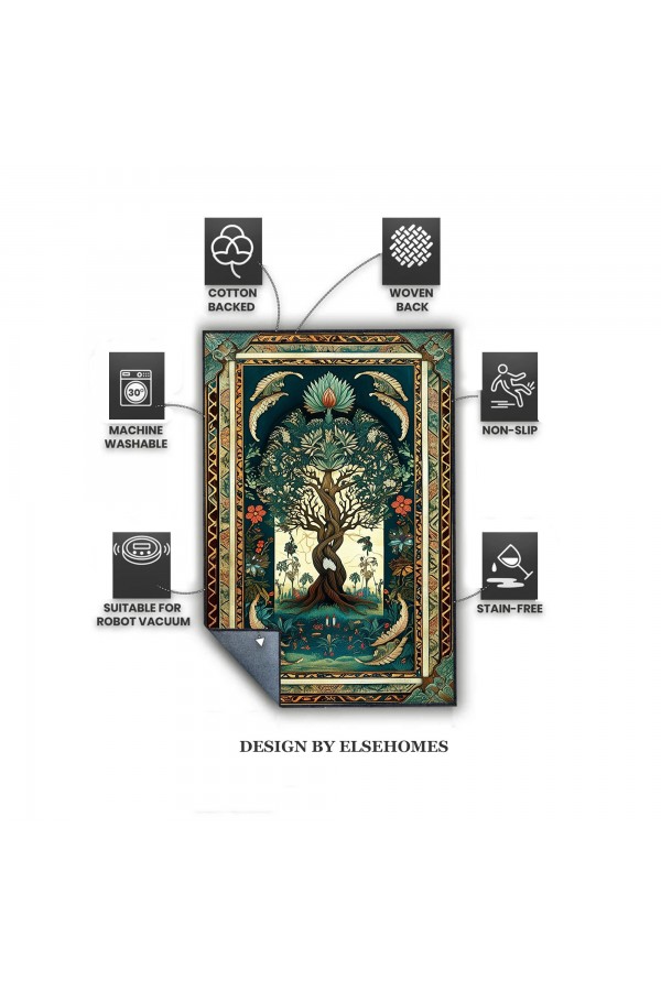 Yaşam Ağacı Desenli Dokuma Şönil Kilim Halı Yıkanabilir Salon Oturma Odası Mutfak Halısı