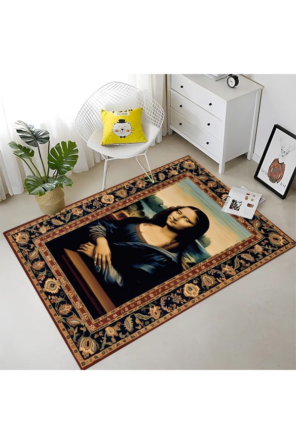 Monalisa Tablo Desenli Dokuma Şönil Kilim Halı Yıkanabilir Salon Oturma Odası Mutfak Halısı