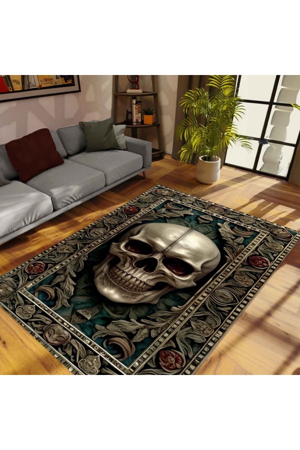 Gotik Kuru Kafa Desenli Dokuma Şönil Kilim Halı Yıkanabilir Salon Oturma Odası Mutfak Halısı