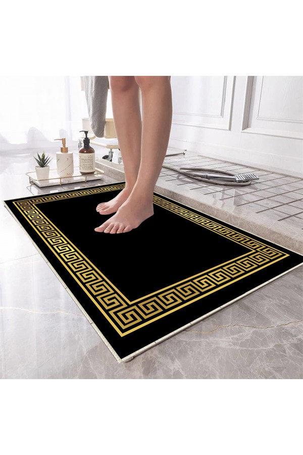 Siyah Sarı Altın Kilit Desenli Tekli Banyo Paspas Halısı Kaymaz Yıkanabilir Siyah Sarı Altın Kilit Desenli Tekli Banyo Paspas Halısı Kaymaz Yıkanabilir