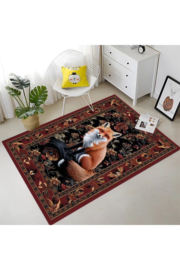 Tilki Hayvan Desenli Dokuma Şönil Kilim Halı Yıkanabilir Salon Oturma Odası Mutfak Halısı