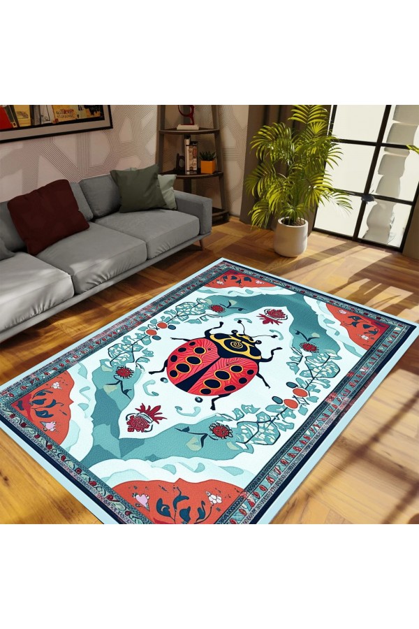 Uğur Böceği Desenli Dokuma Şönil Kilim Halı Yıkanabilir Salon Oturma Odası Mutfak Halısı