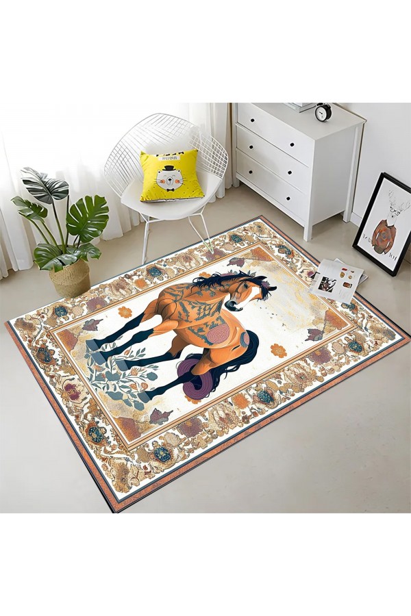 Sevimli At Desenli Dokuma Şönil Kilim Halı Yıkanabilir Salon Oturma Odası Mutfak Halısı