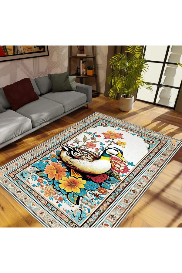 Sevimli Ördek Desenli Dokuma Şönil Kilim Halı Yıkanabilir Salon Oturma Odası Mutfak Halısı