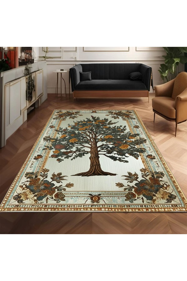 Retro Ağaç Desenli Dokuma Şönil Kilim Halı Yıkanabilir Salon Oturma Odası Mutfak Halısı