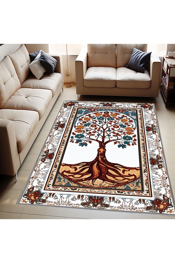 Retro Yaşam Ağacı Desenli Dokuma Şönil Kilim Halı Yıkanabilir Salon Oturma Odası Mutfak Halısı