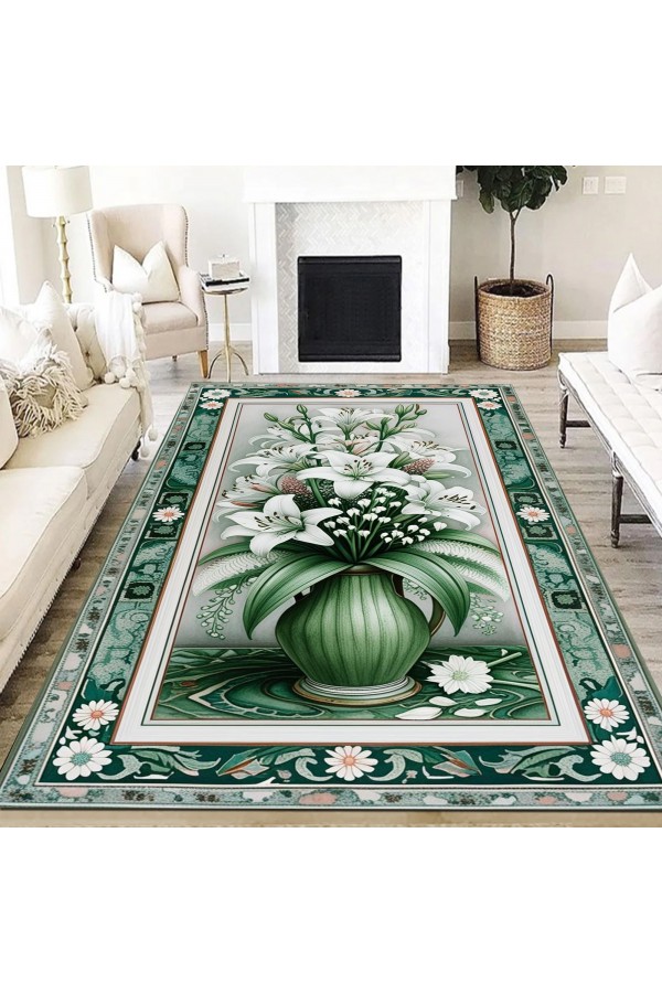 Yeşil Çiçek Desenli Dokuma Şönil Kilim Halı Yıkanabilir Salon Oturma Odası Mutfak Halısı