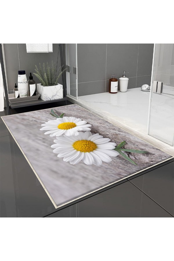 Gri Sarı Papatya Desenli Tekli Banyo Paspas Halısı Kaymaz Yıkanabilir