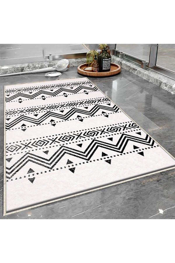 Siyah Beyaz Bohem Desenli Tekli Banyo Paspas Halısı Kaymaz Yıkanabilir