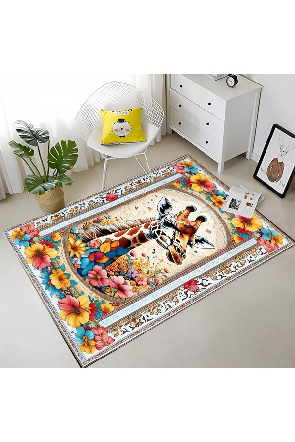 Zürafa Çiçek Desenli Dokuma Şönil Kilim Halı Yıkanabilir Salon Oturma Odası Mutfak Halısı