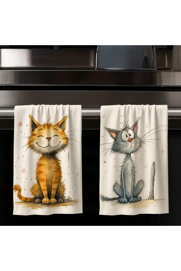 Sevimli Kediler Desenli 2 li Set Dekoratif Yıkanabilir Pamuklu Mutfak Fırın El Havlusu 35x50 cm