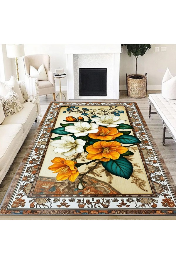Sarı Beyaz Çiçek Desenli Dokuma Şönil Kilim Halı Yıkanabilir Salon Oturma Odası Mutfak Halısı