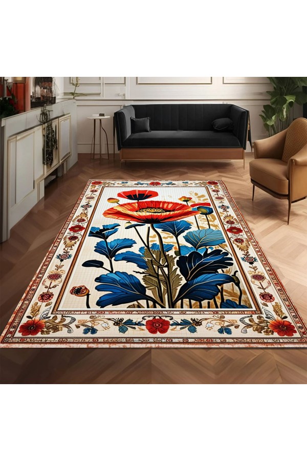 Gelincik Desenli Dokuma Şönil Kilim Halı Yıkanabilir Salon Oturma Odası Mutfak Halısı
