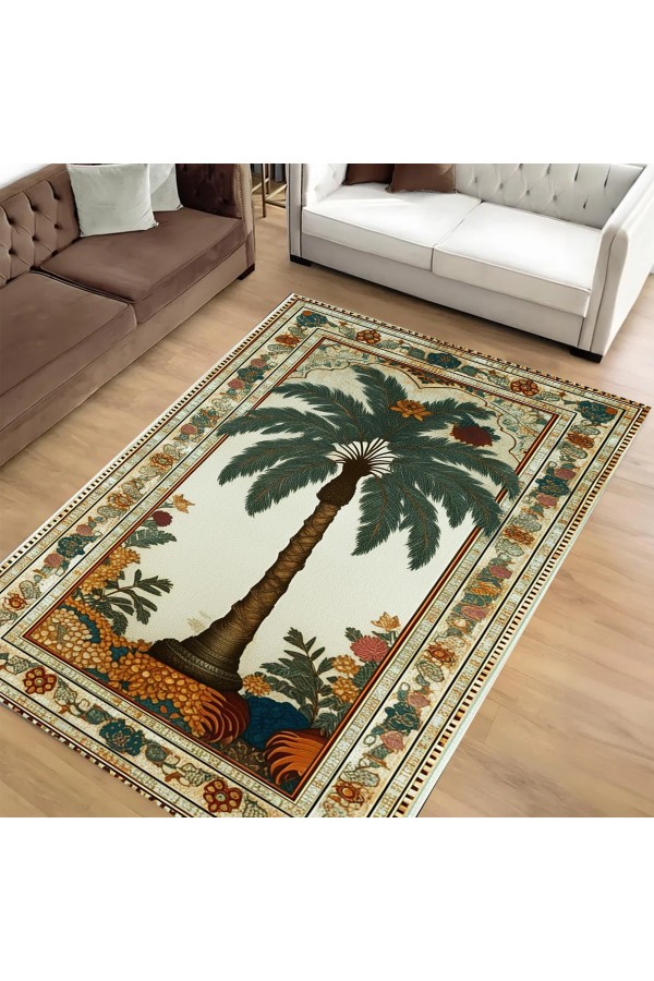 Palmiye Ağaç Desenli Dokuma Şönil Kilim Halı Yıkanabilir Salon Oturma Odası Mutfak Halısı