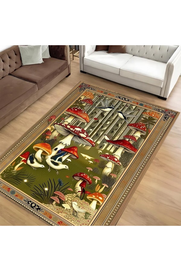 Mantar Orman Desenli Dokuma Şönil Kilim Halı Yıkanabilir Salon Oturma Odası Mutfak Halısı
