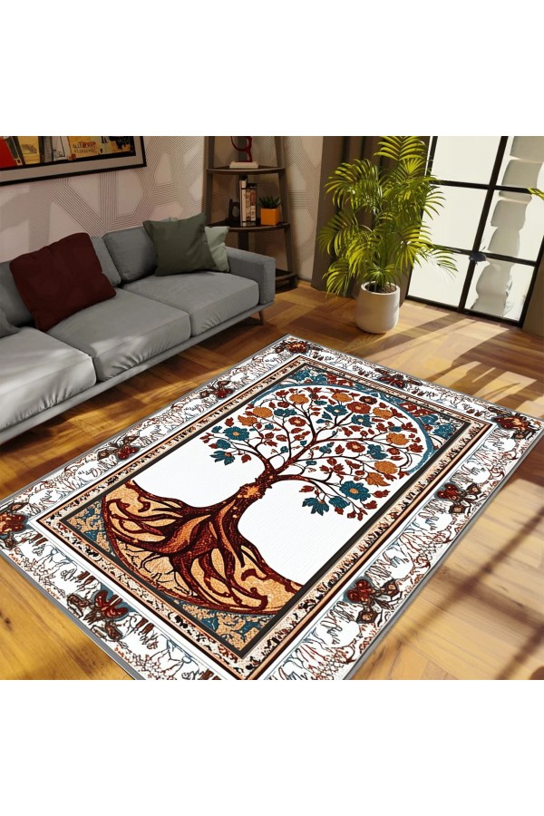 Retro Yaşam Ağacı Desenli Dokuma Şönil Kilim Halı Yıkanabilir Salon Oturma Odası Mutfak Halısı